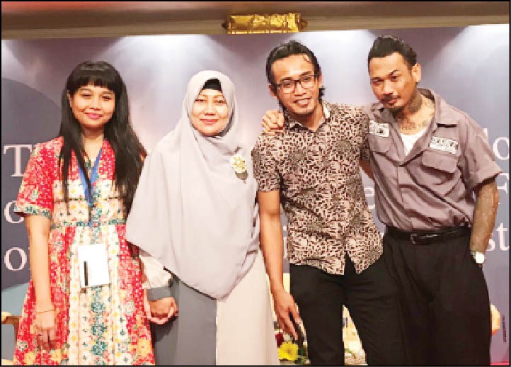 (L-R) Saraswati Dewi, Hayati Eka Lakhsmi, Zulia Mahendra and I Gede Ari Astina (Jerinx) at a talk show titled ‘Bali and its Diversity’ held as part of a regional seminar and workshop organized by Journalists Association for Diversity (SEJUK), International Association of Religion Journalists and Institute for Peace and Democracy in March 2019. (Photo Courtesy: Twitter)